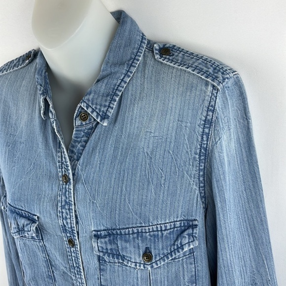 True Religion Military Women's‎ Shirt Blue Button Front Top Blouse Size S - Picture 8 of 11